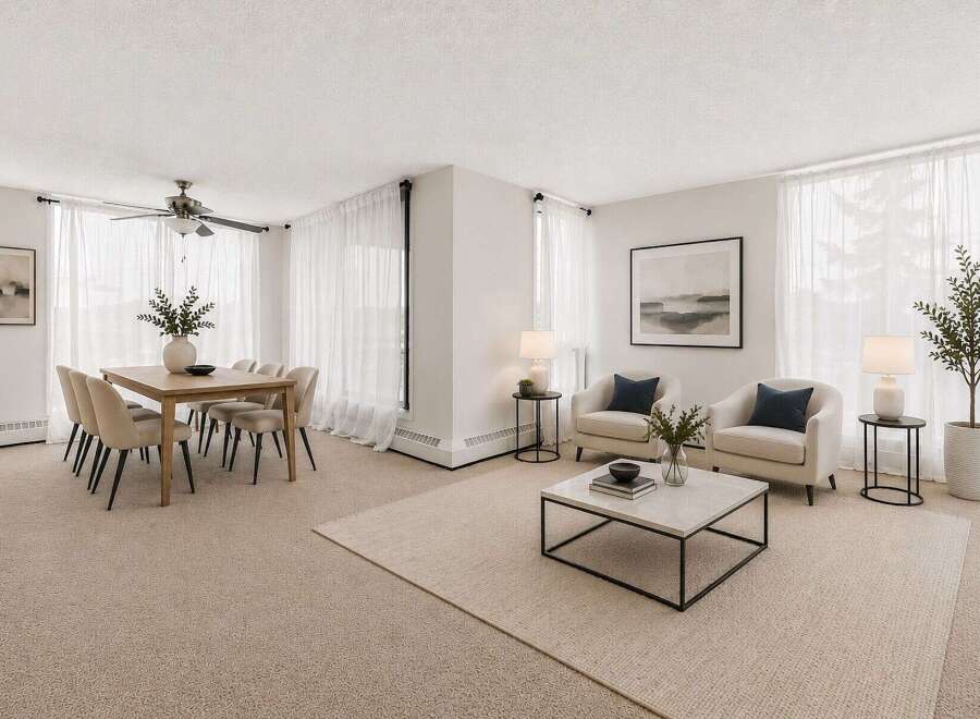 Experience elegant living in this spacious dining and living area, featuring a modern dining set for six and a cozy seating arrangement perfect for relaxation.