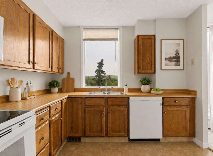 Discover this charming kitchen featuring warm oak cabinetry and durable laminate countertops.