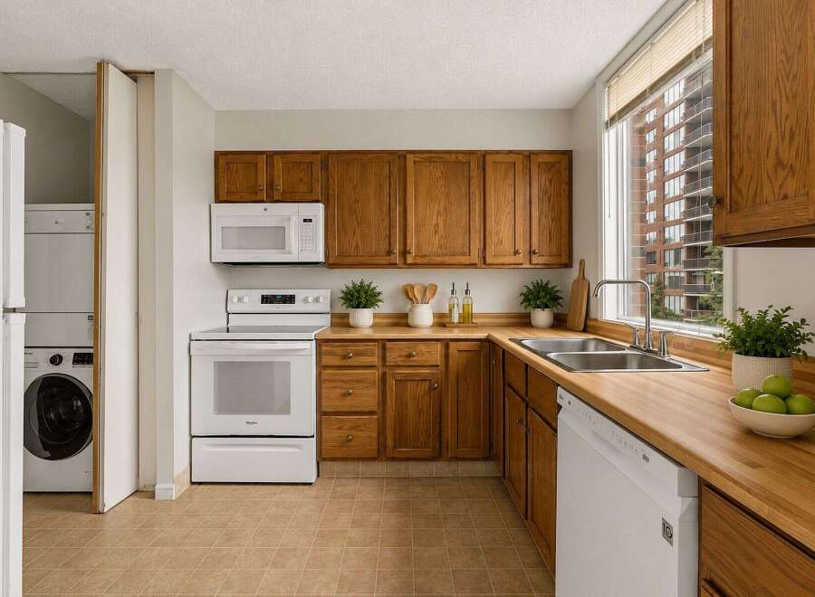 Discover this charming kitchen featuring warm oak cabinetry and a convenient stacked washer and dryer.