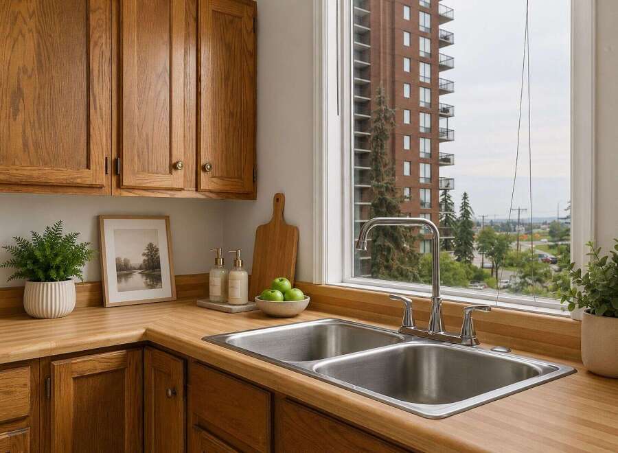 This kitchen features warm, honey-toned wooden cabinets and countertops, creating a cozy and inviting atmosphere.