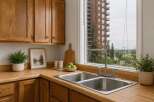 This kitchen features warm, honey-toned wooden cabinets and countertops, creating a cozy and inviting atmosphere.