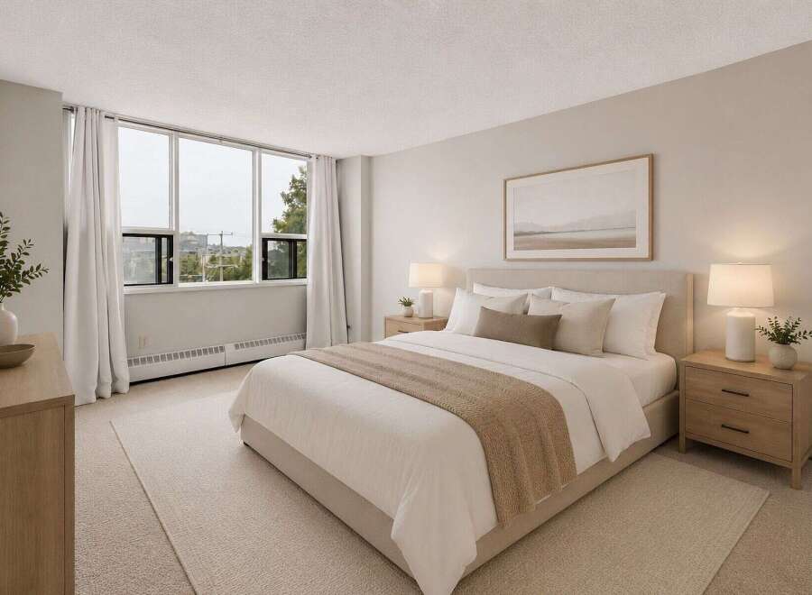 Experience comfortable living in this beautifully staged bedroom, featuring a plush king-size bed with crisp white linens and accent pillows.