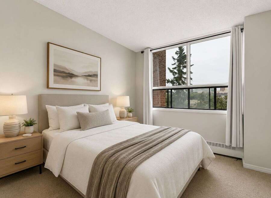 Experience comfort and style in this beautifully appointed bedroom, featuring a plush queen-size bed with crisp white linens and a cozy knit throw.