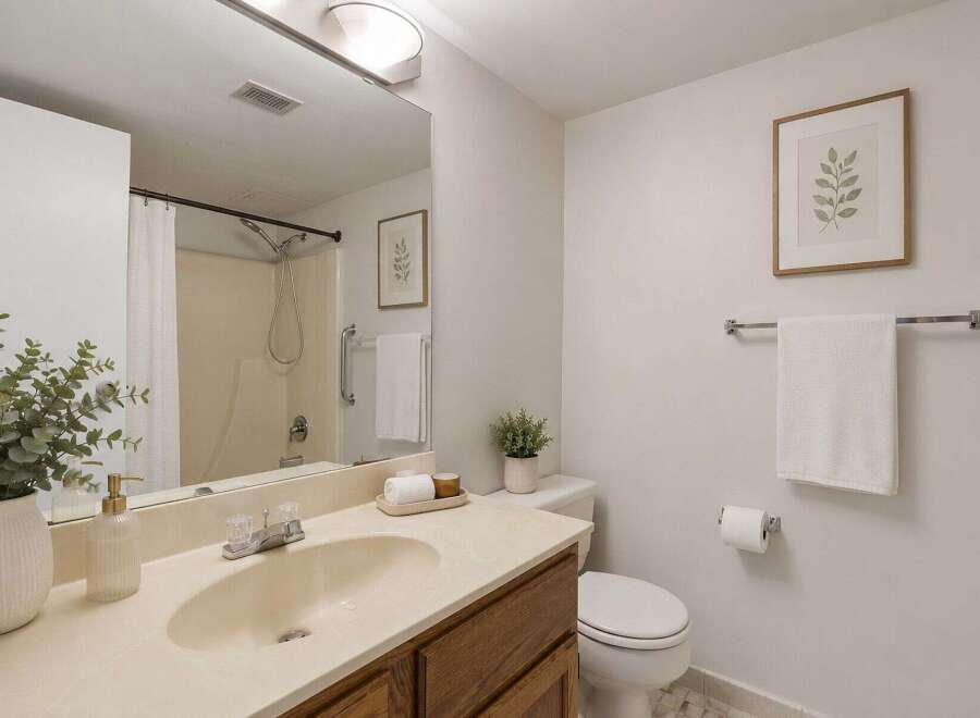 This bathroom features a clean and bright aesthetic with a neutral color palette.