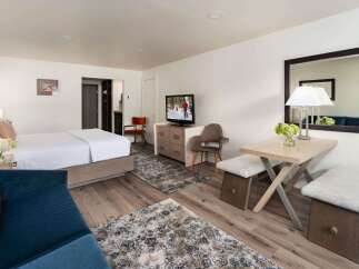 Experience comfort and style in this well-appointed hotel room, featuring a plush king-sized bed and a cozy seating area.