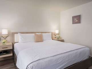 Experience comfort and style in this beautifully appointed bedroom, featuring a plush king-size bed adorned with crisp white linens and decorative pillows.