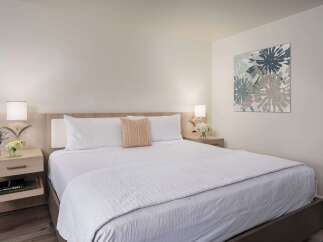 Experience comfort and style in this beautifully appointed bedroom, featuring a plush king-size bed adorned with crisp white linens and decorative pillows.