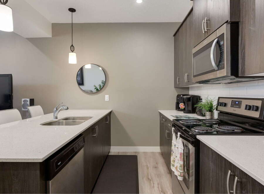 This modern kitchen features sleek, dark wood cabinetry complemented by a bright white quartz countertop and backsplash.