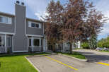 Discover comfortable living in this charming townhouse featuring a prominent exterior chimney and a beautiful mature tree providing shade and curb appeal.