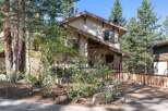 Nestled amidst tall pine trees, this charming home offers a rustic mountain retreat.