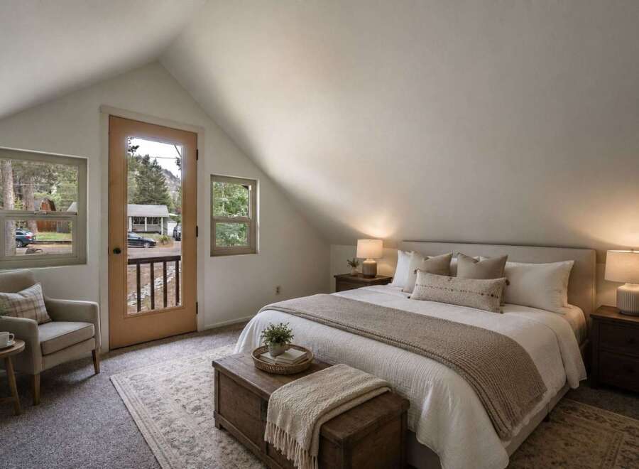 Experience cozy mountain living in this charming bedroom featuring a comfortable king-size bed, a rustic wooden trunk for storage, and a plush armchair perfect for reading.
