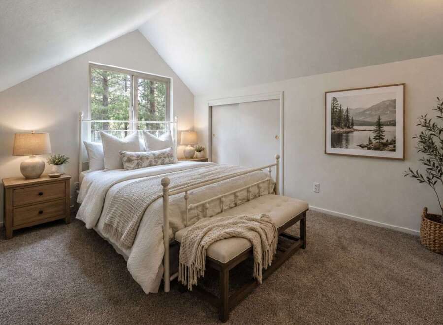 Experience serene living in this charming bedroom, featuring a vaulted ceiling and a large window that floods the space with natural light and offers picturesque forest views.