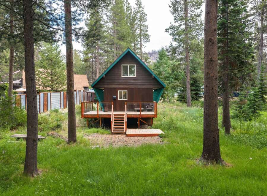 Nestled among tall pine trees, this charming cabin offers a serene retreat.