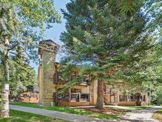 Nestled amidst lush greenery, this charming property features a striking stone chimney and multiple balconies offering serene views.