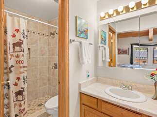 This charming bathroom features a shower with a unique moose and maple leaf shower curtain, complementing the tiled walls and floor.