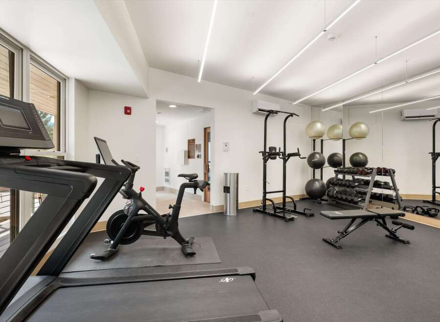 Elevate your fitness routine in this well-equipped home gym, featuring a Peloton bike and a NordicTrack treadmill for cardio enthusiasts.