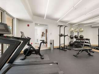 Elevate your fitness routine in this well-equipped home gym, featuring a Peloton bike and a NordicTrack treadmill for cardio enthusiasts.