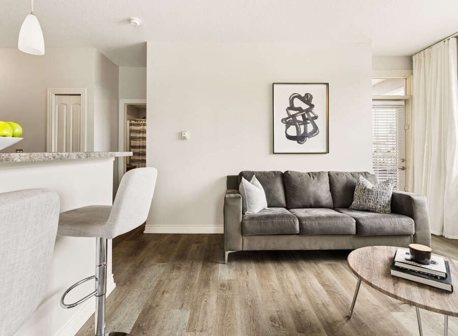 Experience modern living in this stylish apartment featuring a spacious living area with a comfortable grey sofa and a chic abstract art piece.