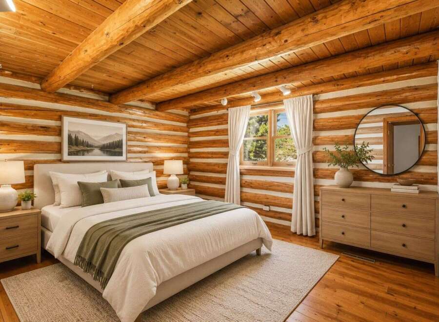 Experience rustic charm in this cozy log cabin bedroom, featuring a comfortable bed adorned with plush pillows and a soft green throw.
