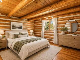 Experience rustic charm in this cozy log cabin bedroom, featuring a comfortable bed adorned with plush pillows and a soft green throw.