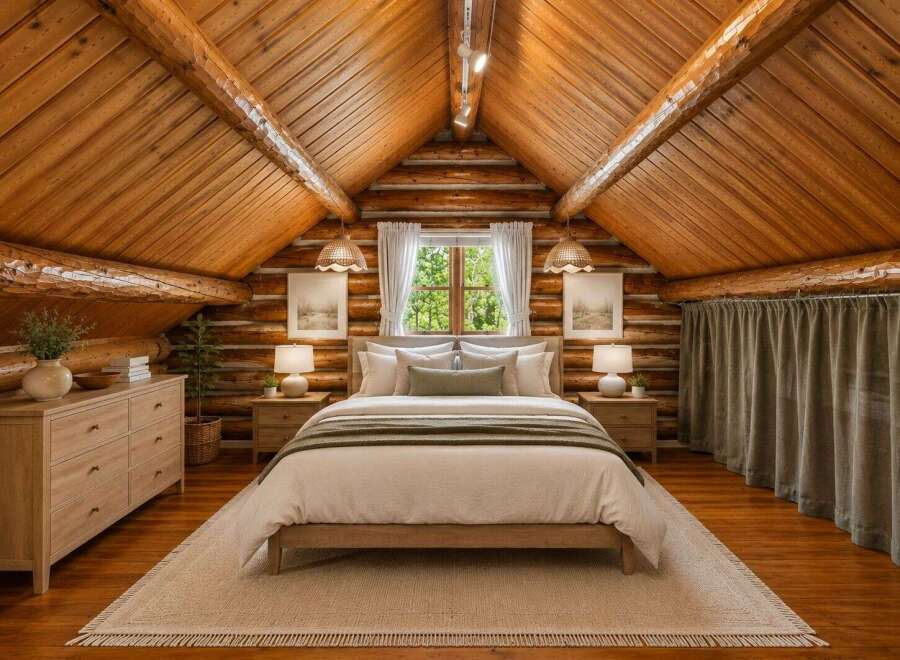 Experience rustic charm in this cozy log cabin bedroom, featuring a vaulted wood-paneled ceiling and exposed beams.