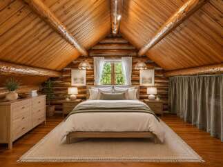 Experience rustic charm in this cozy log cabin bedroom, featuring a vaulted wood-paneled ceiling and exposed beams.