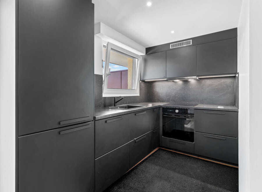 Discover this modern, sleek kitchen featuring dark cabinetry and countertops for a sophisticated look.