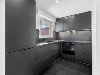 Discover this modern, sleek kitchen featuring dark cabinetry and countertops for a sophisticated look.