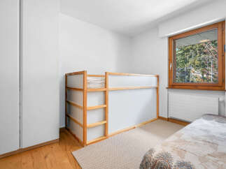 This cozy bedroom features a modern wooden bunk bed with translucent panels, perfect for maximizing space.