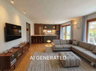 Experience modern living in this open-concept space, featuring a sleek kitchen with bar seating and a spacious living area perfect for relaxation and entertainment.