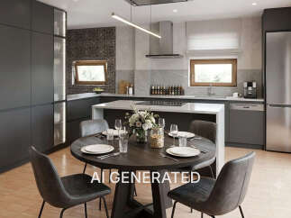 Experience modern living in this stunning kitchen and dining area, featuring sleek dark cabinetry and a spacious island perfect for entertaining.