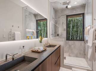 Experience luxury in this modern bathroom featuring dual sinks set in a sleek stone countertop.