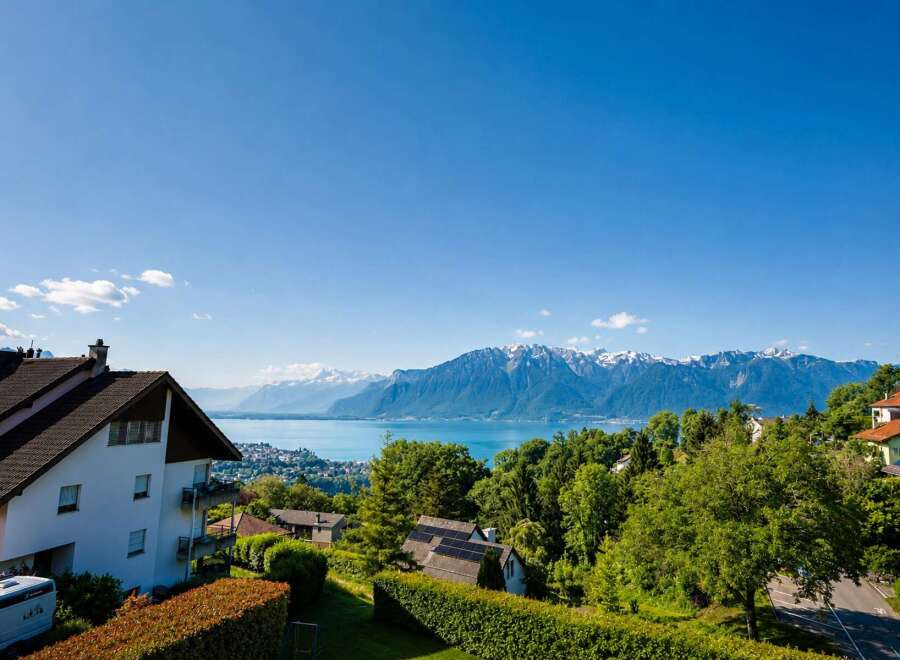 Experience breathtaking panoramic views of a serene lake and majestic snow-capped mountains from this stunning property.