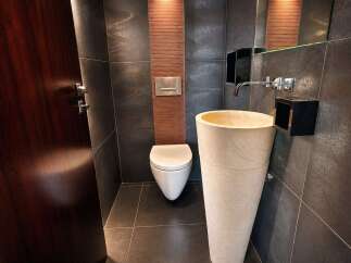 Experience modern luxury in this sleek bathroom featuring a striking pedestal sink and a wall-mounted toilet.