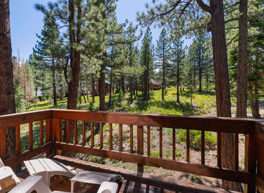 Enjoy the serene mountain lifestyle from this charming cabin deck, offering breathtaking views of the surrounding pine forest.