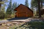 Nestled amidst tall pine trees, this charming wooden cabin features a spacious two-car garage with a beautiful wood-paneled door and decorative glass windows.