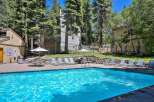 Enjoy a refreshing dip in this stunning outdoor swimming pool, surrounded by lush greenery and mature trees.