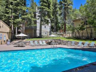 Enjoy a refreshing dip in this stunning outdoor swimming pool, surrounded by lush greenery and mature trees.