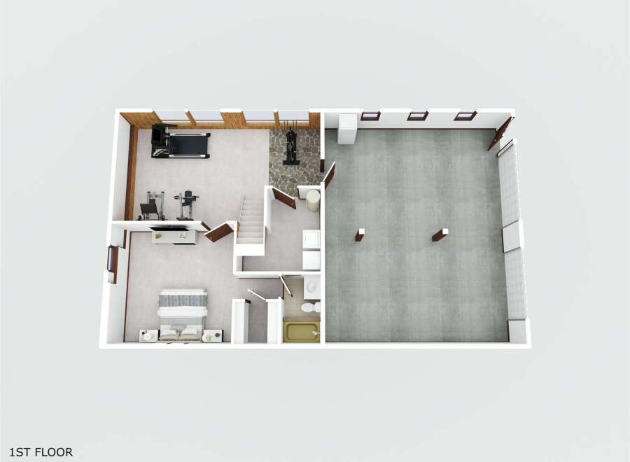 Discover this versatile 1st-floor layout featuring a dedicated home gym with a treadmill and weight machines, perfect for your fitness routine.