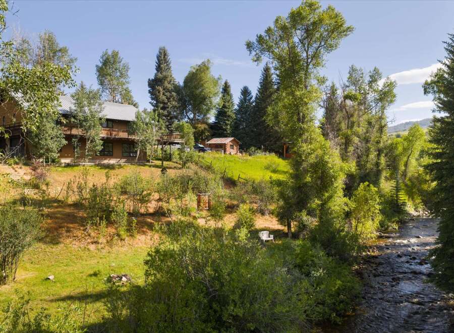 Nestled amidst lush greenery and mature trees, this property offers a serene retreat with a charming wooden lodge and a rustic cabin.