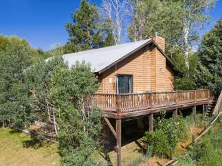Nestled amidst lush greenery, this charming wooden cabin offers a serene retreat.