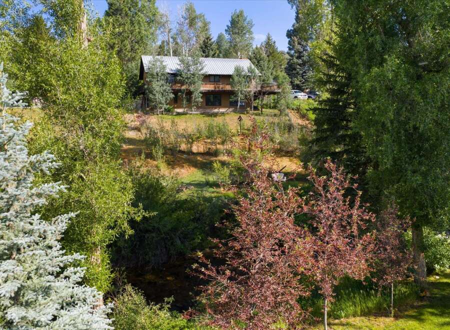 Nestled amidst lush greenery and mature trees, this charming home offers a serene retreat.