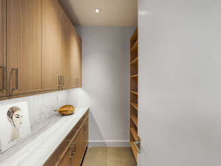 Discover this modern pantry featuring sleek, light wood cabinetry with brushed nickel hardware.