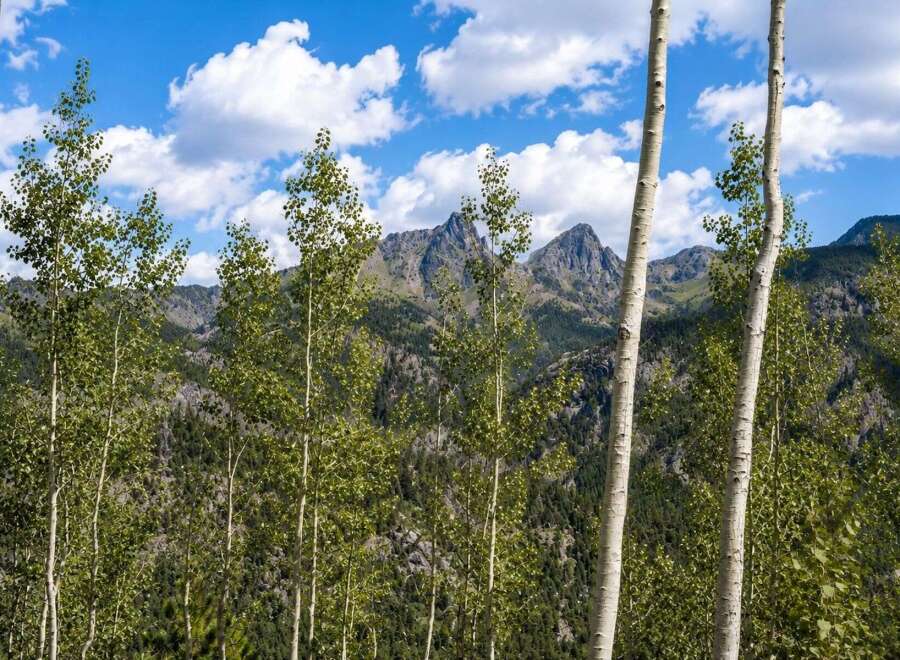Experience the tranquility of mountain living with this stunning property, nestled amidst a grove of mature aspen trees.