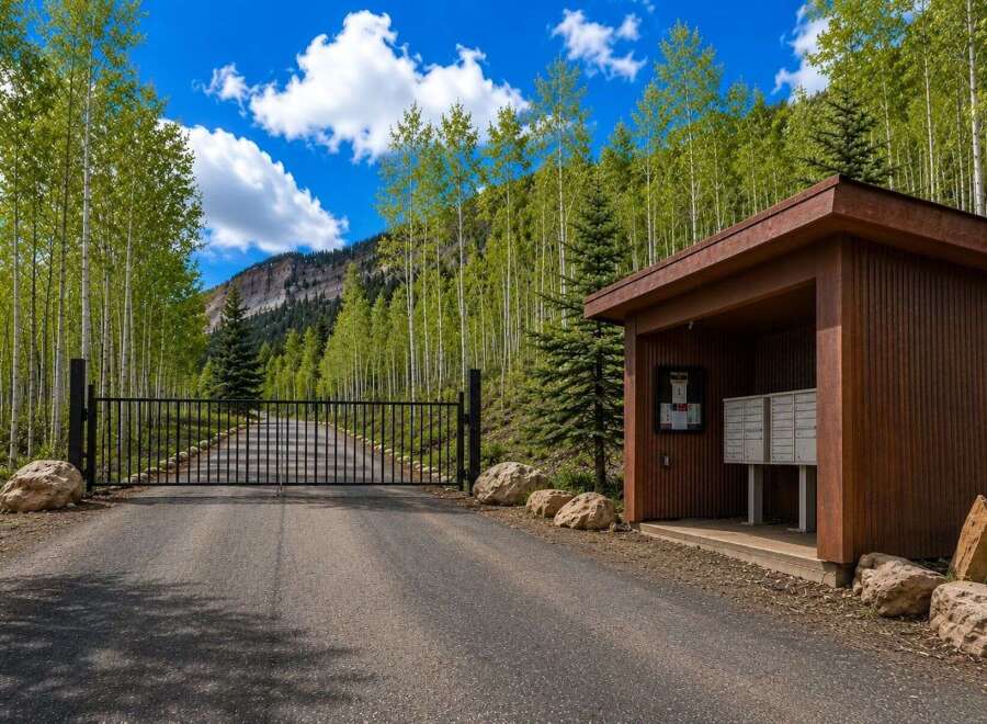 Discover this stunning property entrance featuring a secure black metal gate leading up a paved driveway, surrounded by a vibrant aspen forest.