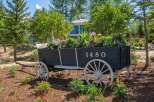 Discover a unique property featuring a charming antique wagon overflowing with vibrant flowers, serving as a picturesque garden accent.