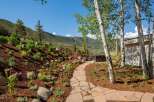 Discover this stunning mountain retreat featuring a beautifully landscaped hillside with vibrant flowers and natural stone pathways.