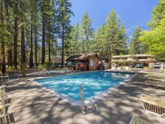 Enjoy a refreshing dip in the sparkling blue swimming pool, surrounded by tall pine trees and ample lounge chairs for relaxation.
