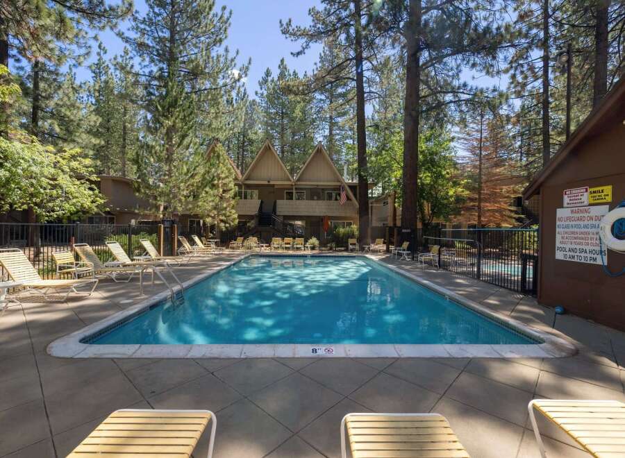 Enjoy a refreshing dip in this beautiful swimming pool, surrounded by lush pine trees and comfortable lounge chairs perfect for soaking up the sun.