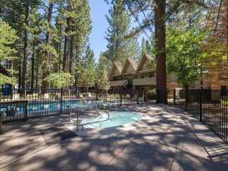 Enjoy a refreshing dip in the sparkling pool or relax in the soothing hot tub, surrounded by tall pine trees.